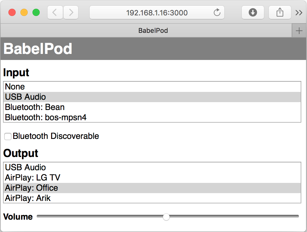 BabelPod web interface on Mac Safari